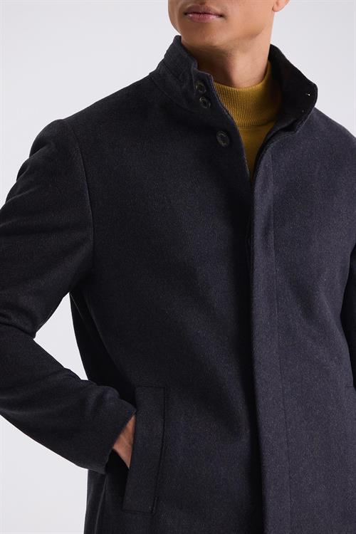 Koyu Lacivert1 Slim Fit Dik Yaka Balık Sırtı Desenli Yünlü Spor Kaban