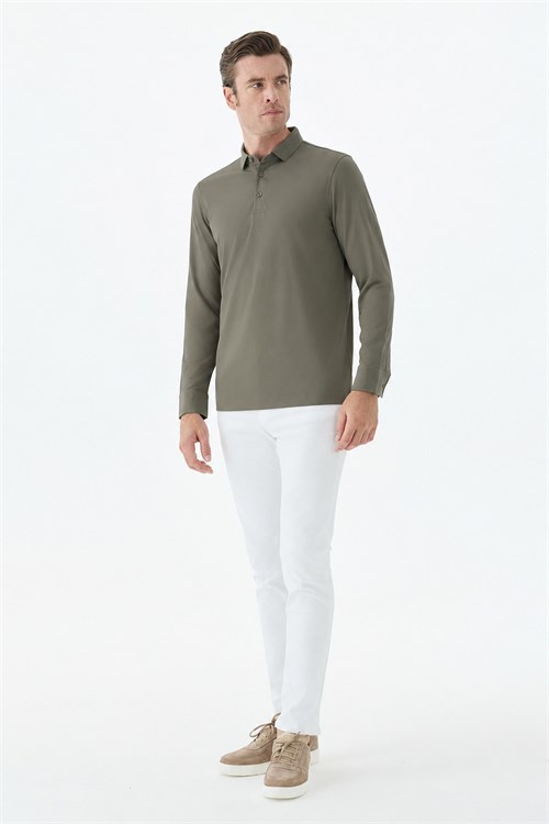 Haki Slim Fit Polo Yaka Sweatshirt