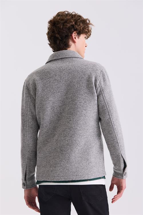 Gri Slim Fit Berberi Yaka Yünlü Kaşe Kaban