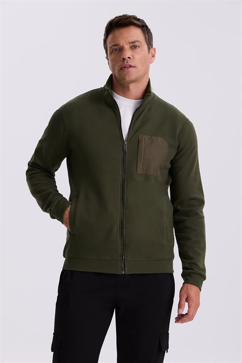 Haki Slim Fit Fermuarlı Pamuklu Likralı Eşofman Üstü