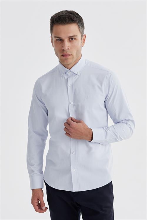 Mavi Slim Fit Desenli Pamuklu Düğmeli Yaka Gömlek