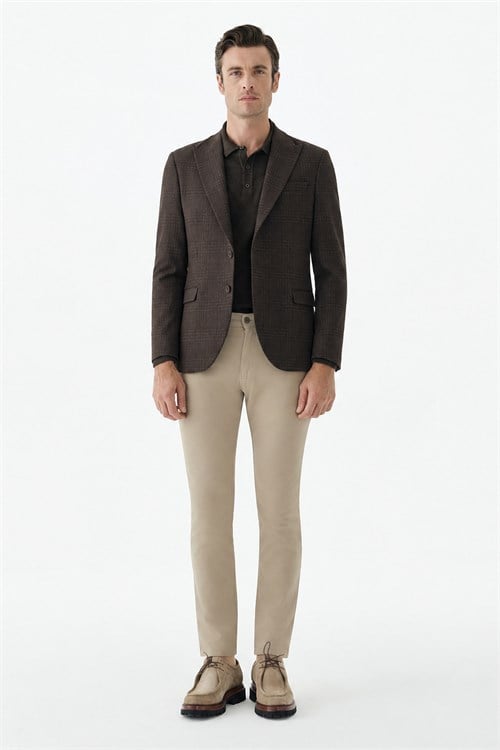 Kahve Slim Fit Ceket Sivri Yaka Ekoseli Ceket