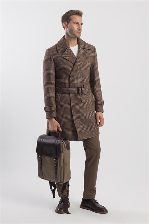 Kahve Slim Fit Gemici Yaka Ekoseli Yünlü Kaban