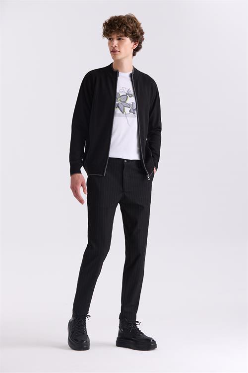 Siyah Slim Fit Cizgili Kanvas Pantolon