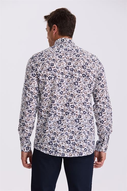 Koyu Lacivert Çiçek Desenli Yaka Düğmeli Comfort Fit Gömlek