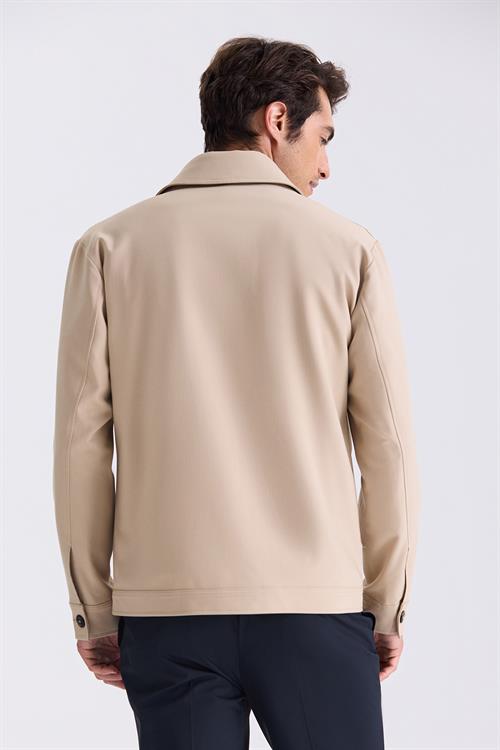 Bej Slim Fit Bebe Yaka Mevsimlik Mont