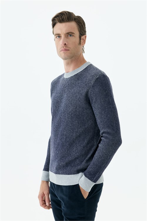 Lacivert Comfort Fit Desenli Bisiklet Yaka Triko