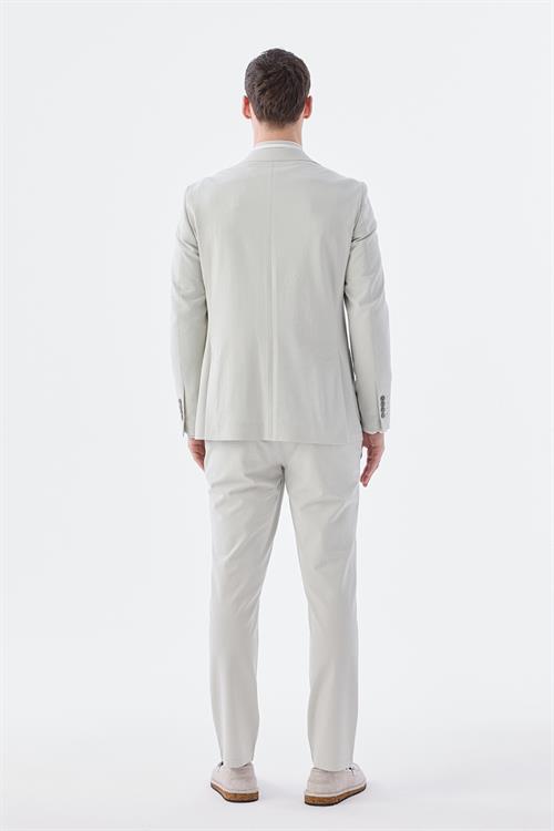 Bej Dar Kalıp - Slim Fit Takım Elbise Mono Yaka