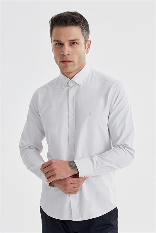 Krem Slim Fit Desenli Pamuklu Düğmeli Yaka Gömlek