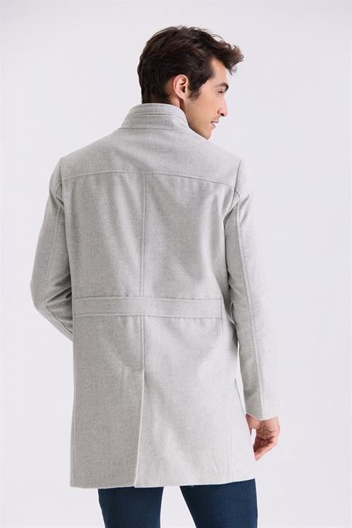 Gri Slim Fit Dik Yaka Balık Sırtı Desenli Yünlü Spor Kaban