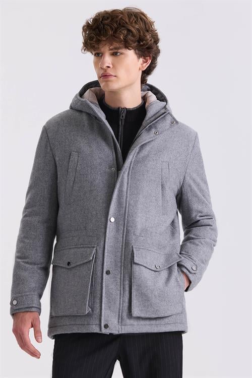 Grı Comfort Fit Kapüşonlu Yünlü Mont