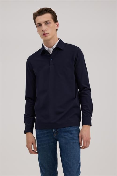 Lacivert Slim Fit Polo Yaka Sweatshirt