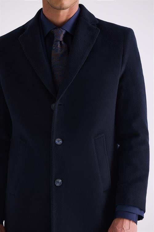 Koyu Lacivert Comfort Fit Mono Yaka Yan Cep Kaşe Kaban