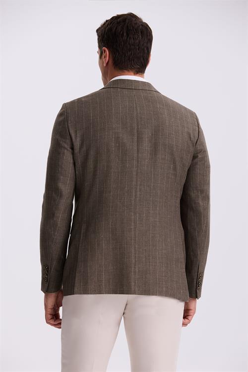 Kahve Slim Fit Kırlangıç Yaka Çizgili Keten Pamuk Mevsimlik Ceket
