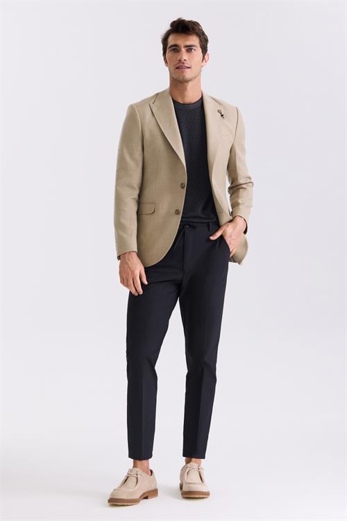 Bej Slim Fit Sivri Yaka Keten Spor Ceket