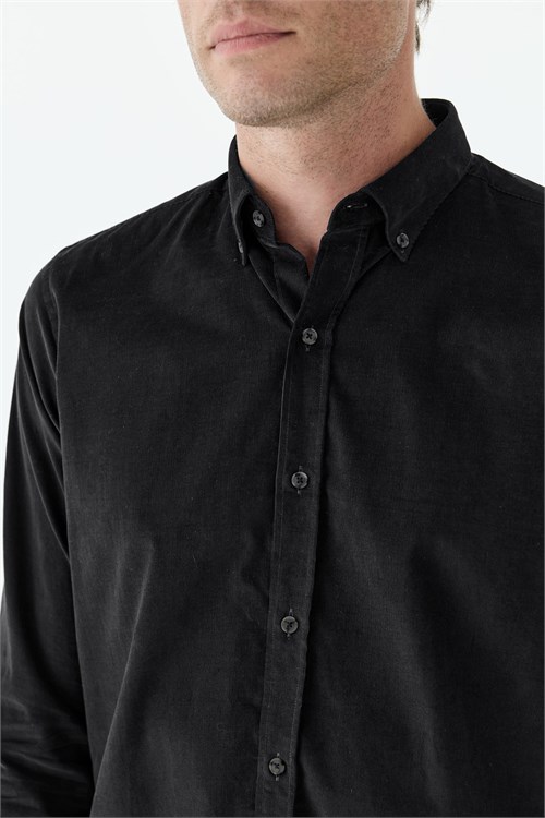 Siyah Comfort Fit %100 Pamuk Kadife Gömlek