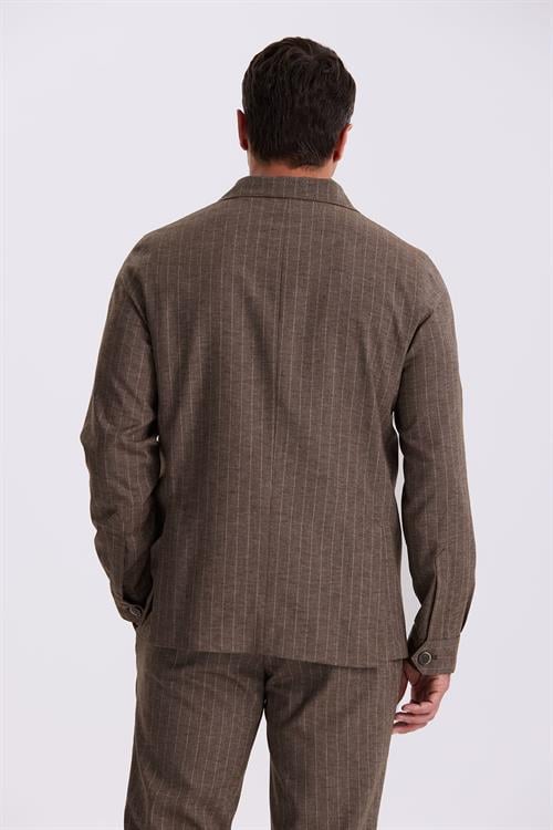 Kahve Slim Fit Apaş Yaka Keten Karışımlı Çift Yırtmaçlı Çizgili Takım Elbise