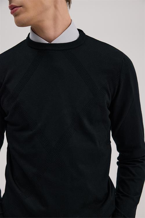 Siyah Slim Fit Desenli Bisiklet Yaka Triko