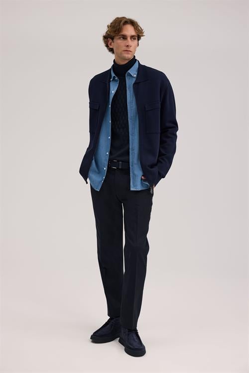 Lacivert Dar Kalıp - Slim Fit Triko Ceket