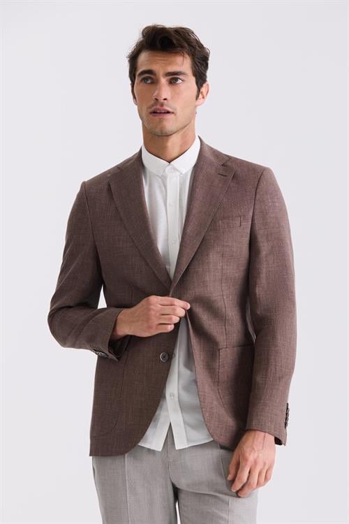 Kahve Slim Fit Mono Yaka Keten Spor Ceket