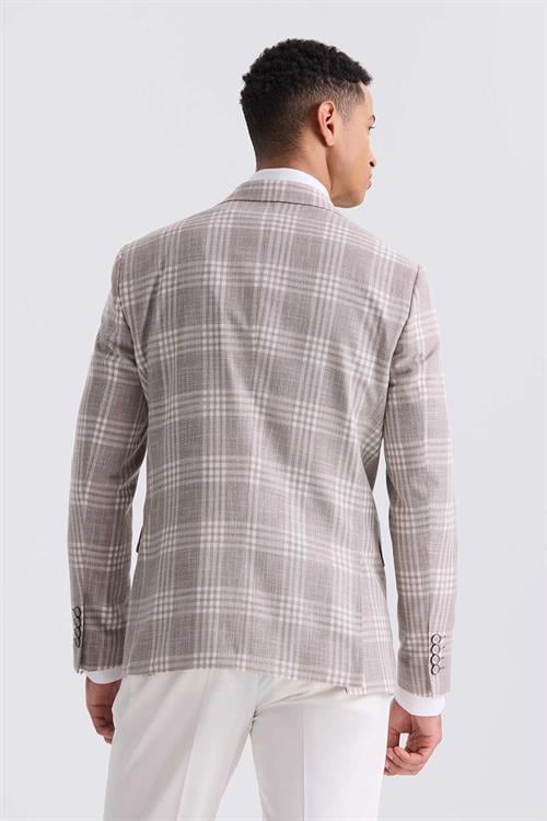 Kahve Slim Fit  Mono Yaka Kareli Kombinli Yelekli Takım Elbise