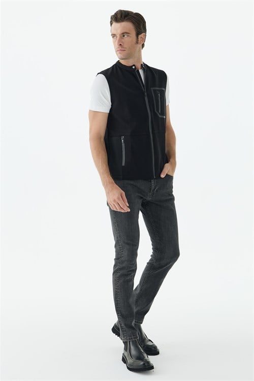 Siyah Slim Fit Cepli Pamuklu Yelek