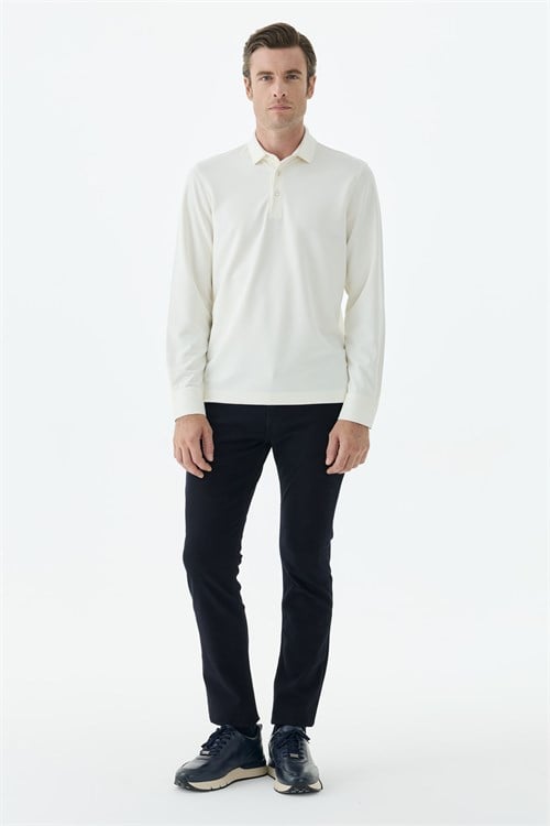 Beyaz Slim Fit Fermuarlı Polo Yaka Sweatshirt