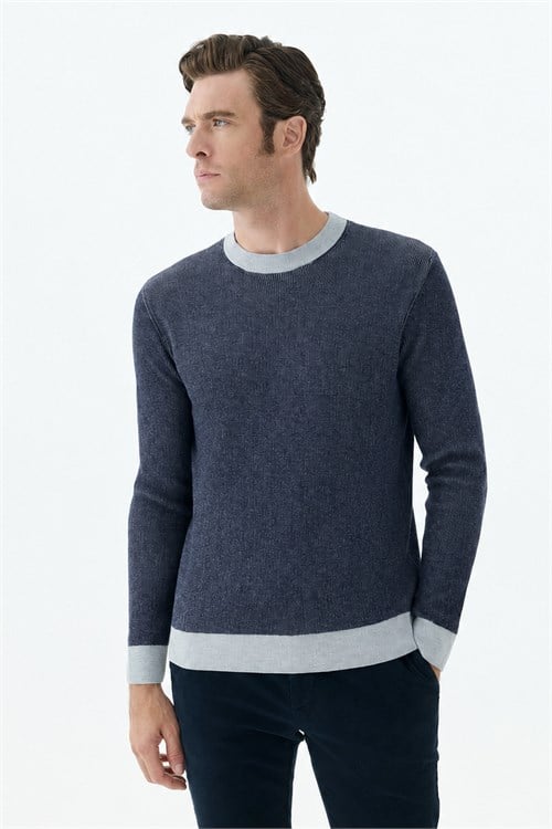 Lacivert Comfort Fit Desenli Bisiklet Yaka Triko