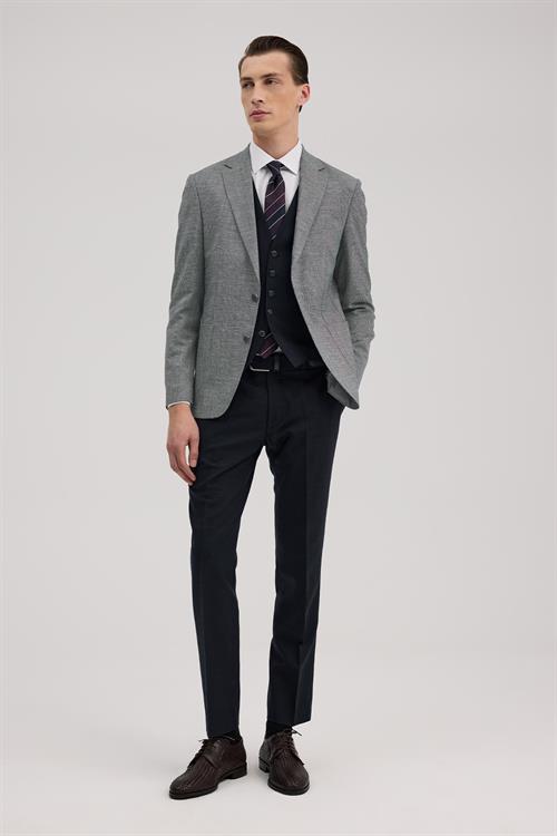 Lacivert Slim Fit Mono Yaka Yelekli Keten Karışımllı Takım Elbise