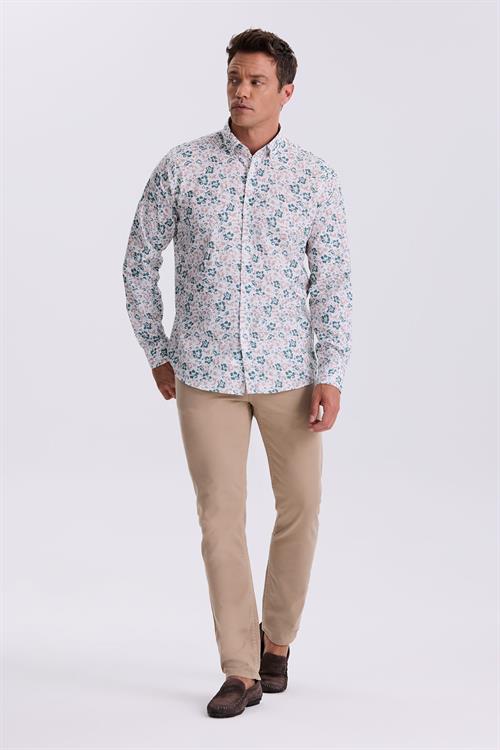 Yeşil Çiçek Desenli Yaka Düğmeli Comfort Fit Gömlek