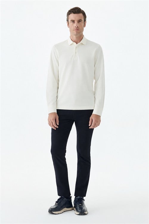Beyaz Slim Fit Fermuarlı Polo Yaka Sweatshirt