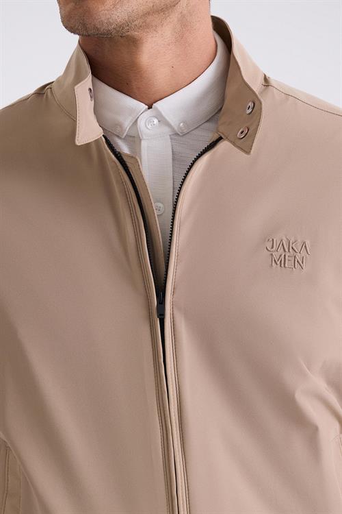 Bej Comfort Fit Dik Yaka Önü Fermuarlı Mevsimlik Mont