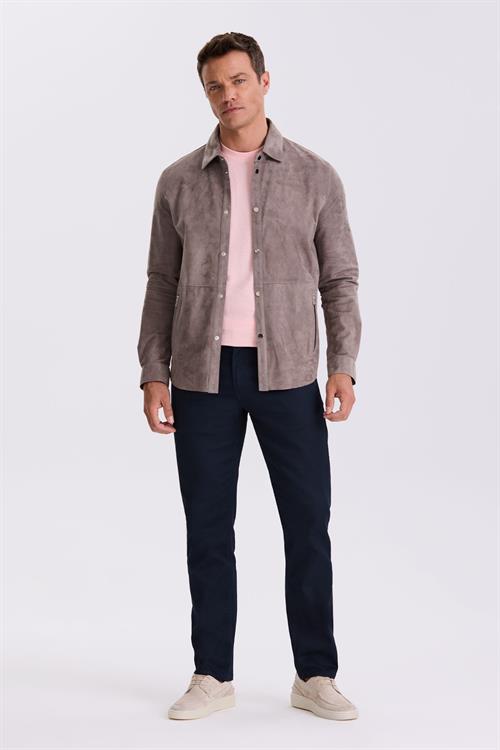 Koyu Gri Comfort Fit Gömlek Yaka Çıtçıtlı %100 Deri Süet Mont