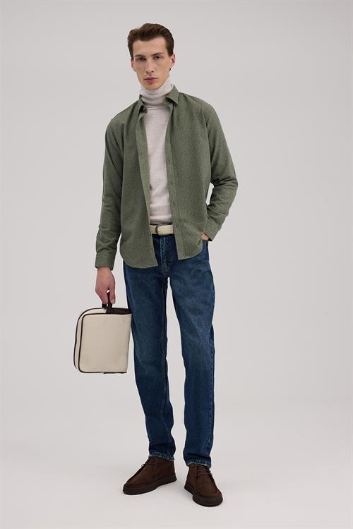 Yeşil Comfort Fit Desenli Pamuklu Düğmeli Yaka Gömlek