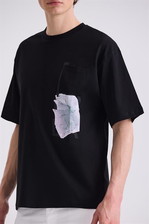 Siyah Over Size Yazı Baskılı Bisiklet Yaka T-Shirt