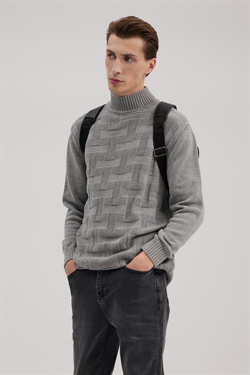 Gri Slim Fit Tam Balıkçı Yaka  Desenli  Triko Kazak