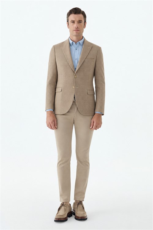 Bej Slim Fit Ceket Sivri Yaka Ekoseli Ceket