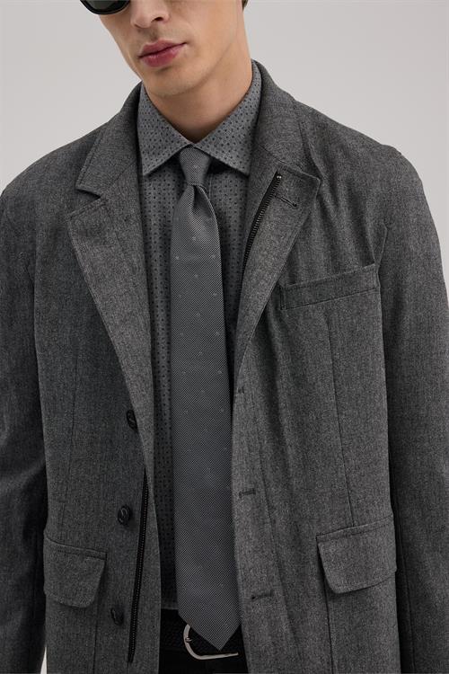Gri Dar Kalıp - Slim Fit Ceket Mont Patlı