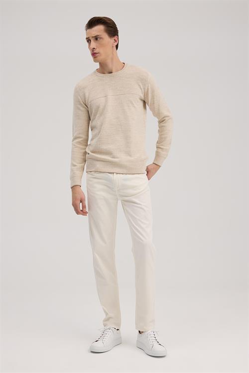 Bej Slim Fit Bisiklet Yaka Triko