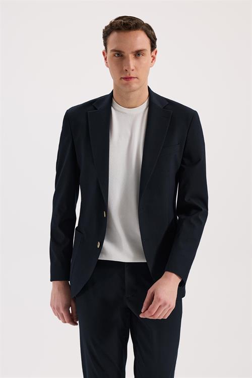 Lacivert Dar Kalıp - Slim Fit Ceket Mono Yaka
