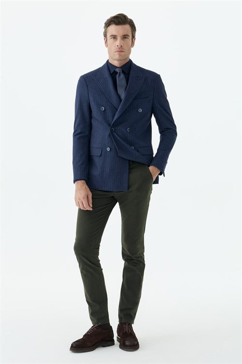 Lacivert Slim Fit Dik Yaka Çizgili Kruvaze Ceket