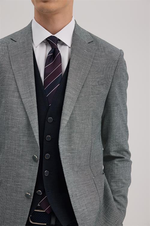 Lacivert Slim Fit Mono Yaka Yelekli Keten Karışımllı Takım Elbise