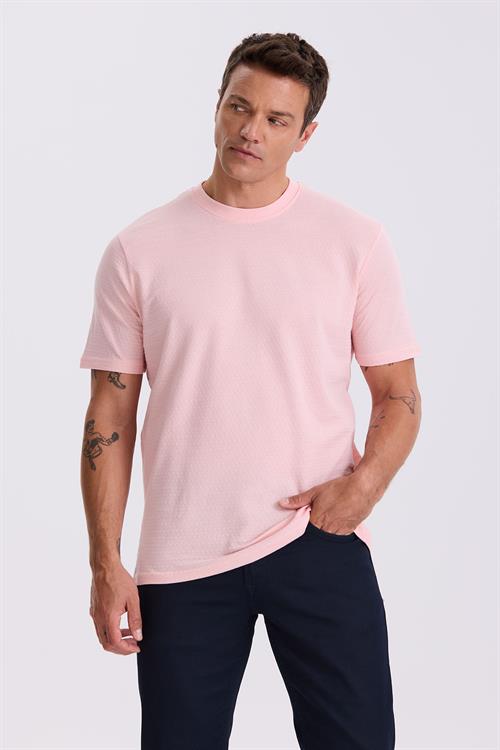 Pembe %100 Pamuk Desenli Bisiklet Yaka T-Shirt