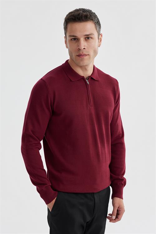 Bordo Slim Fit Pamuklu Desenli Fermuarlı Polo Yaka Triko Kazak