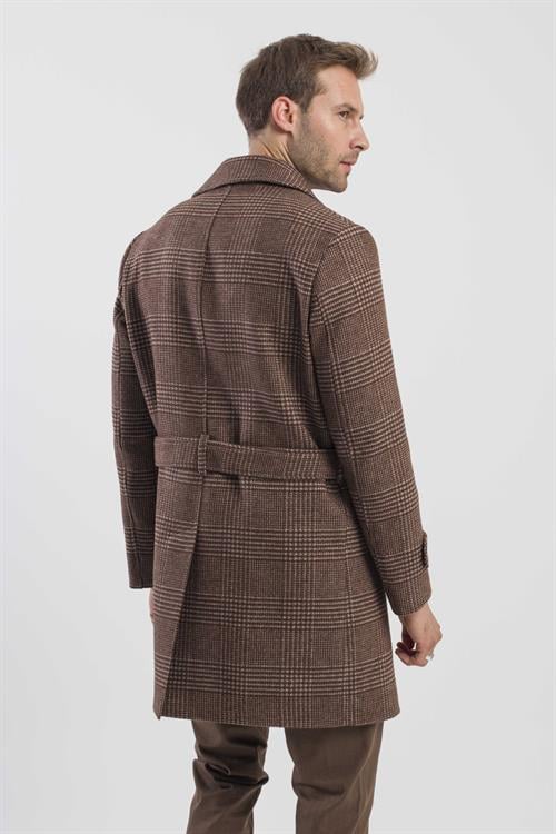 Kahve Slim Fit Gemici Yaka Ekoseli Yünlü Kaban