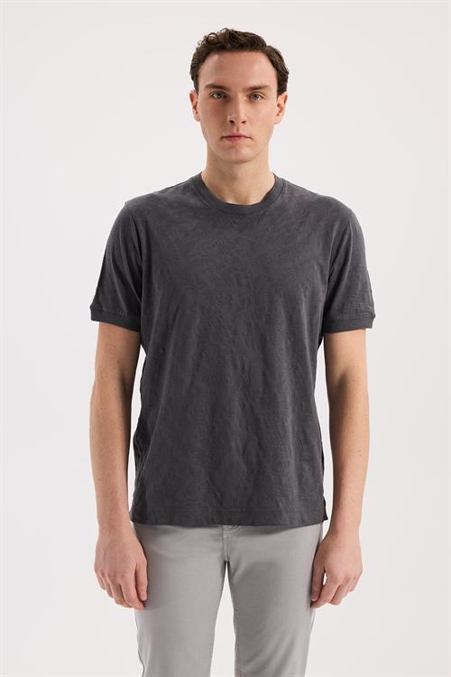 Gri Koyu Dar Kalıp - Slim Fit T-Shirt Bisiklet Yaka