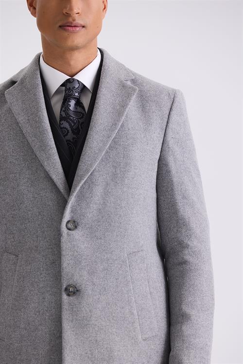 Gri Comfort Fit Mono Yaka Yan Cep Kaşe Kaban