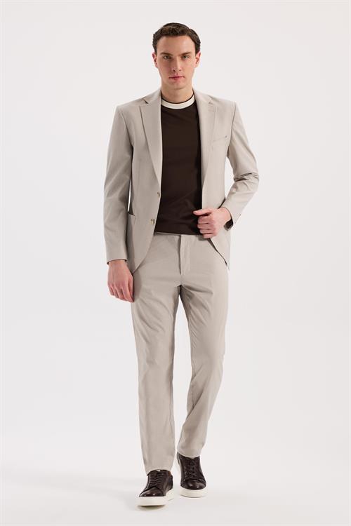 Bej Dar Kalıp - Slim Fit Ceket Mono Yaka