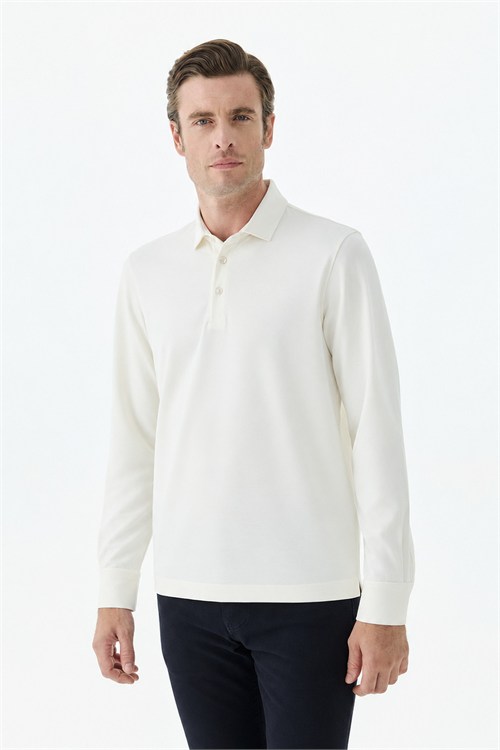 Beyaz Slim Fit Fermuarlı Polo Yaka Sweatshirt