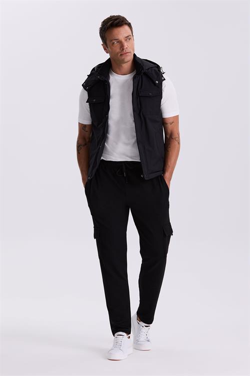 Siyah Comfort Fit Cepli Kapüşonlu Rahat Kesim Safari Yelek